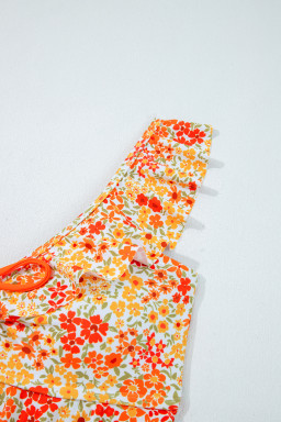 Orange Ruffled Trim Keyhole Accent Floral One Piece Swimsuit