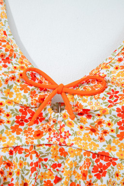 Orange Ruffled Trim Keyhole Accent Floral One Piece Swimsuit