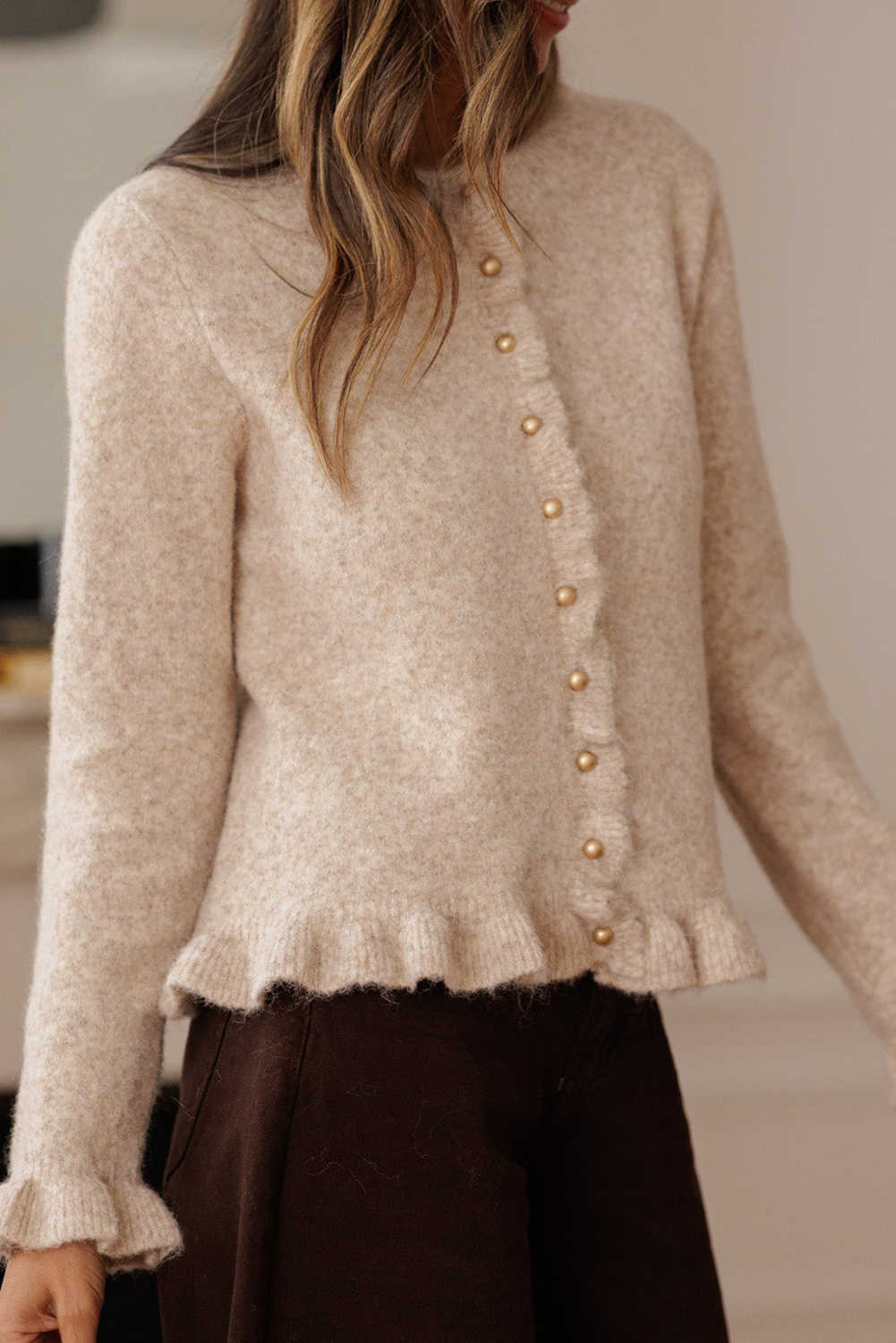 Oatmeal Ruffle Trim Gold Button Sweater Cardigan