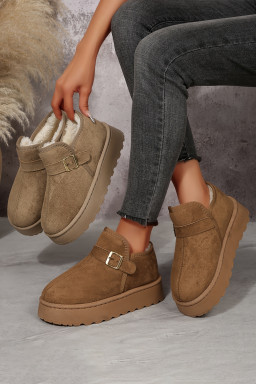 Coffee Buckle Detail Round Toe Platform Cozy Winter Boots