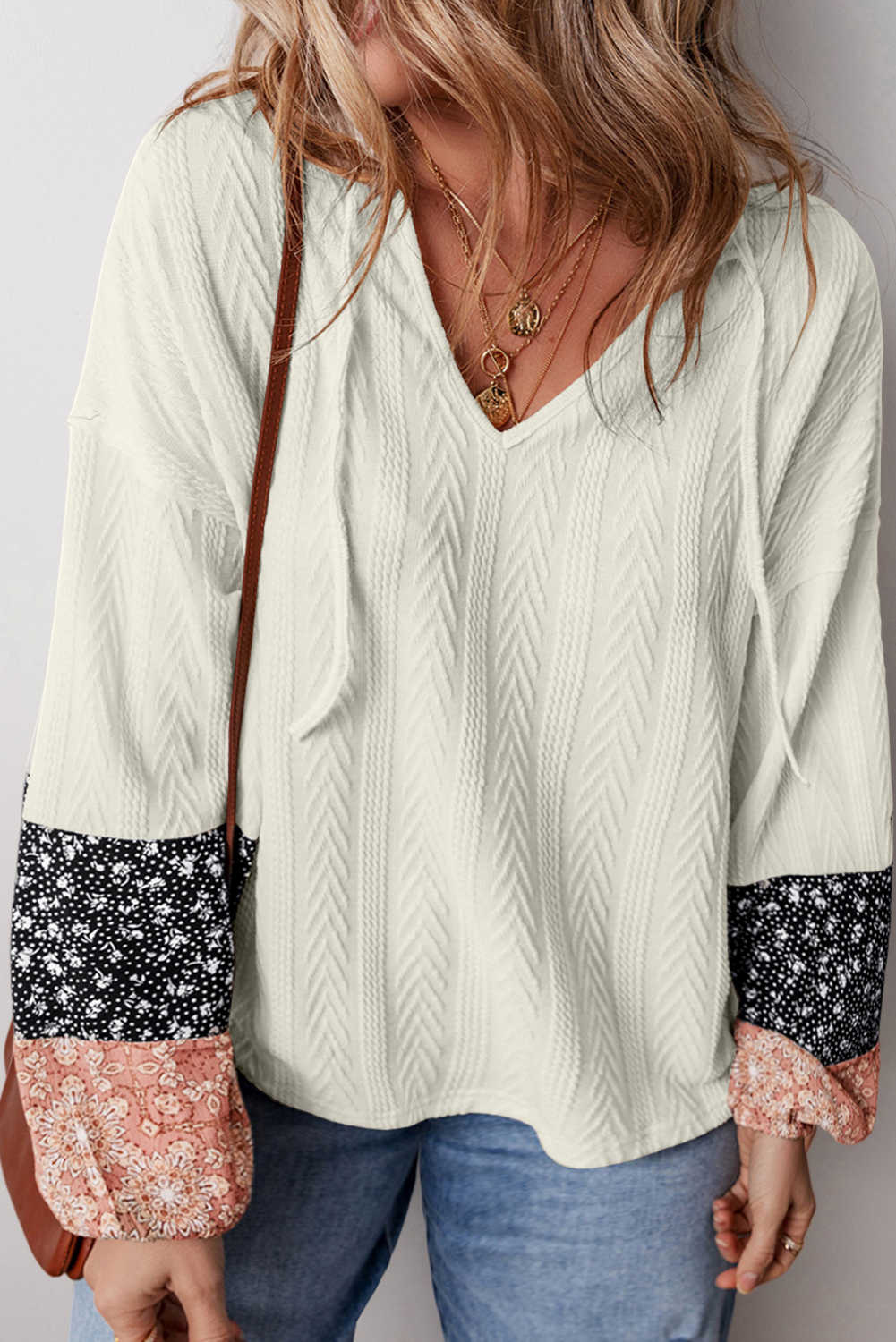 White Floral Patchwork Textured Knit Drawstring V Neck Blouse