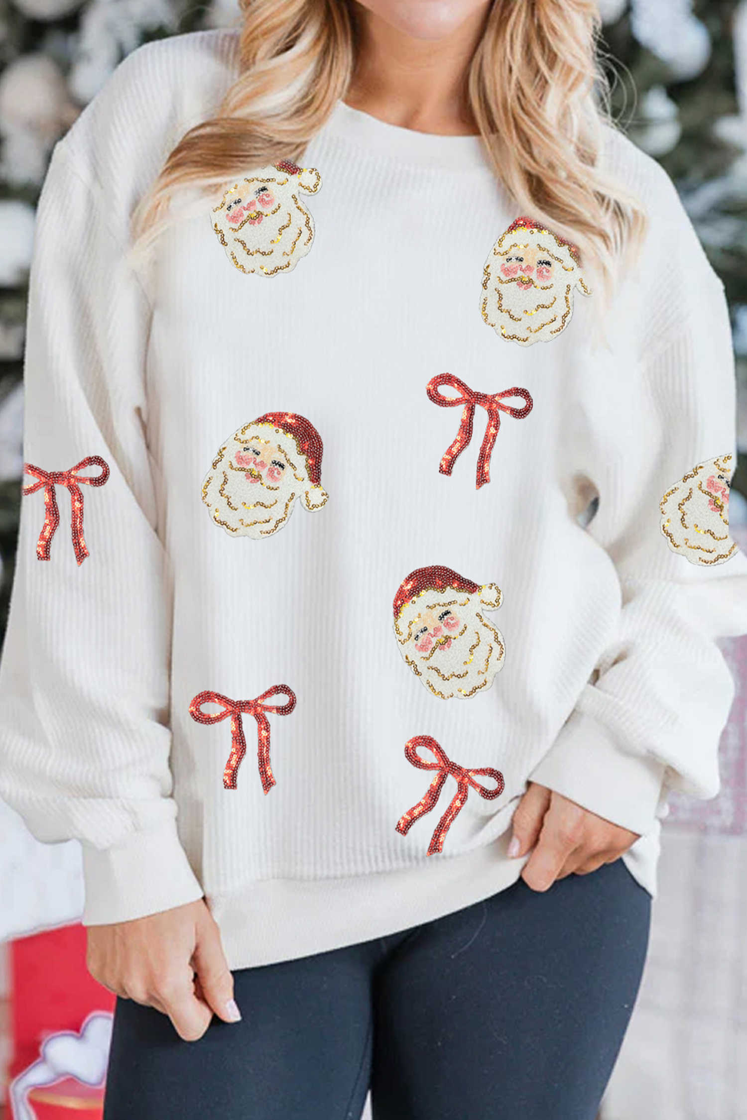 White Corded Rib Sequin Santa Bow Patched Drop Shoulder Graphic Sweatshirt