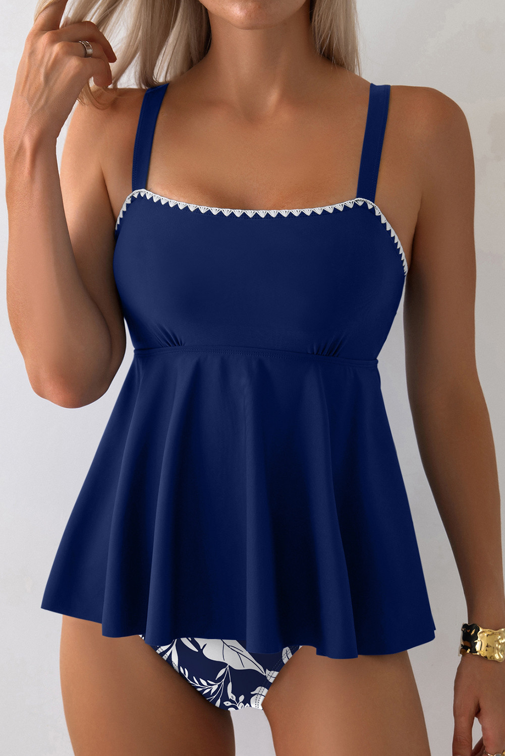 Navy Blue Spaghetti Straps Contrasted Ricrac Trim Flared Tankini 2pcs Swimsuit