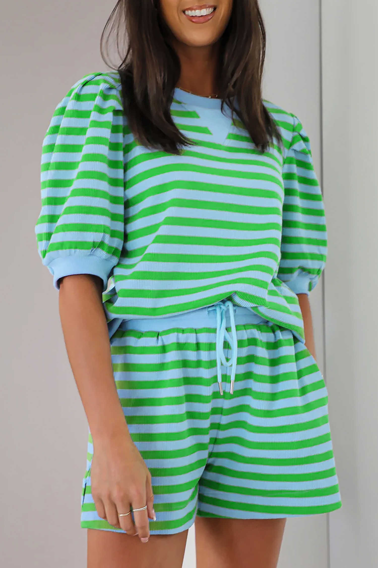 Green Stripe Puff Short Sleeve T Shirt Matching Shorts Set
