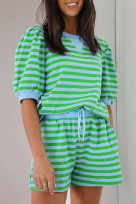 Green Stripe Puff Short Sleeve T Shirt Matching Shorts Set