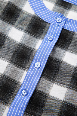 Black Contrast Striped Edge Half Placket Plaid Blouse