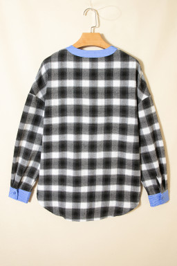 Black Contrast Striped Edge Half Placket Plaid Blouse