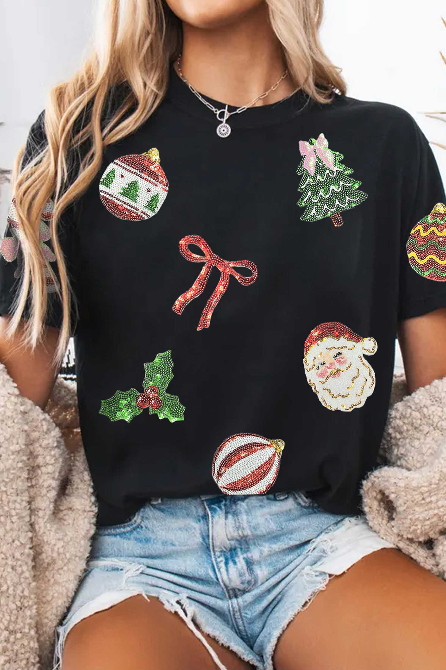 Black Multi Christmas Element Sequin Patched Graphic Tee