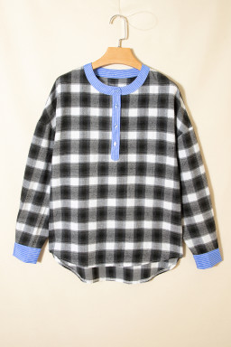 Black Contrast Striped Edge Half Placket Plaid Blouse