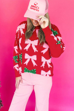 Fiery Red Bow Pearl Embellished Christmas Holiday Sweater