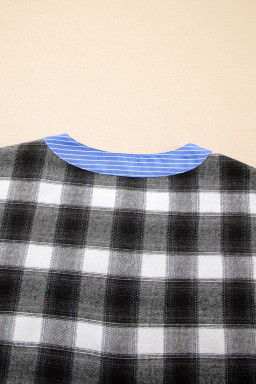 Black Contrast Striped Edge Half Placket Plaid Blouse