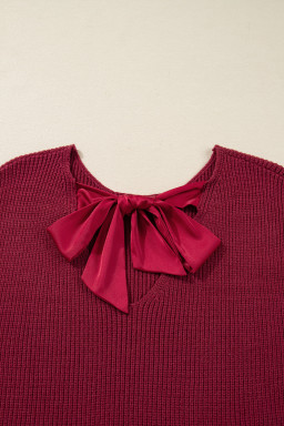 Red Dahlia Ribbed Knit Ribbon Knot Backless Drop Shoulder Sweater
