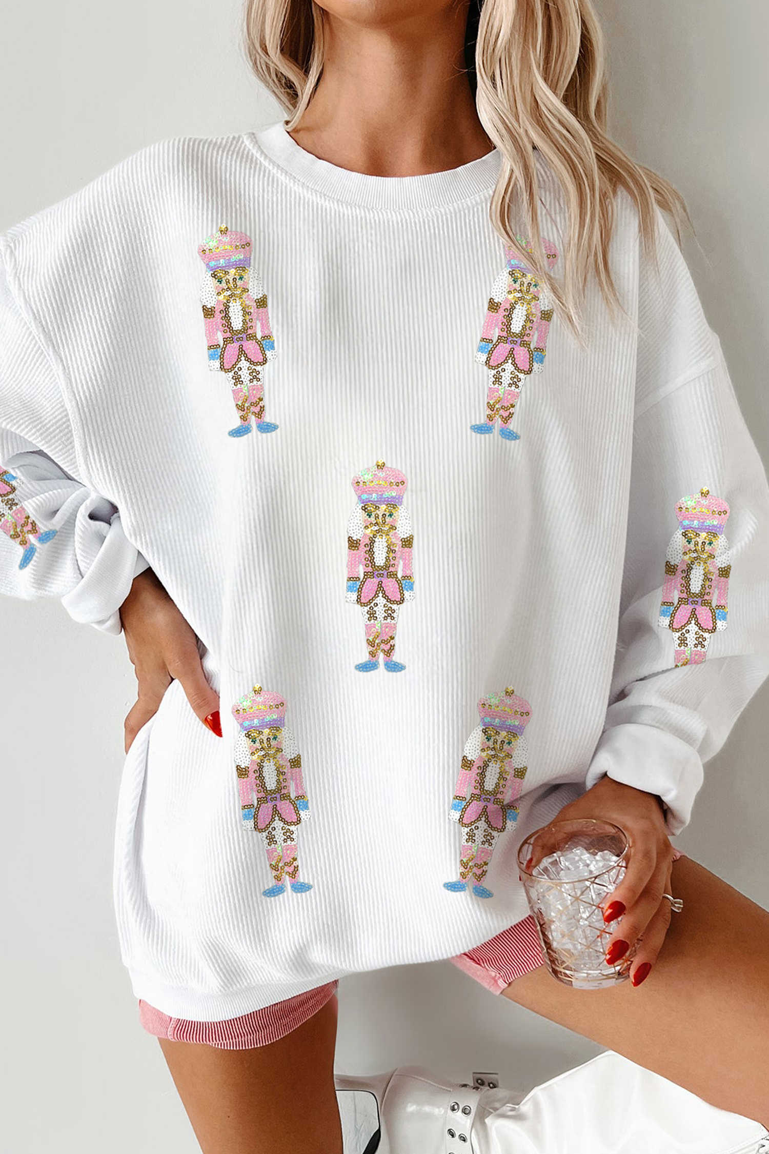 White Corded Rib Sequin Patched Nutcracker Graphic Drop Shoulder Sweatshirt