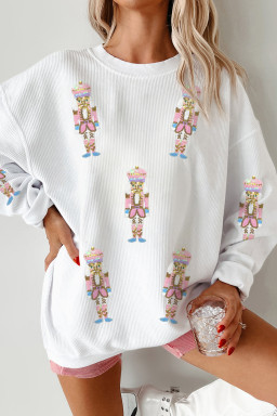 White Corded Rib Sequin Patched Nutcracker Graphic Drop Shoulder Sweatshirt
