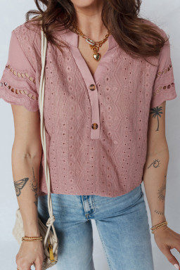 Fushia Textured Embroidered Half Buttons Short Sleeve Blouse