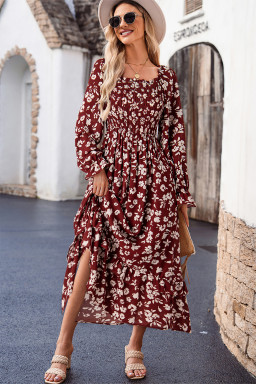 Red Floral Print Long Sleeve Square Neck Smocked Maxi Dress