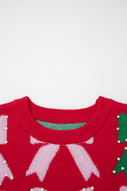 Fiery Red Bow Pearl Embellished Christmas Holiday Sweater