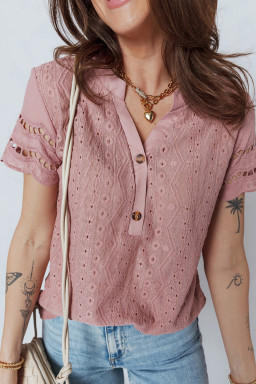 Fushia Textured Embroidered Half Buttons Short Sleeve Blouse