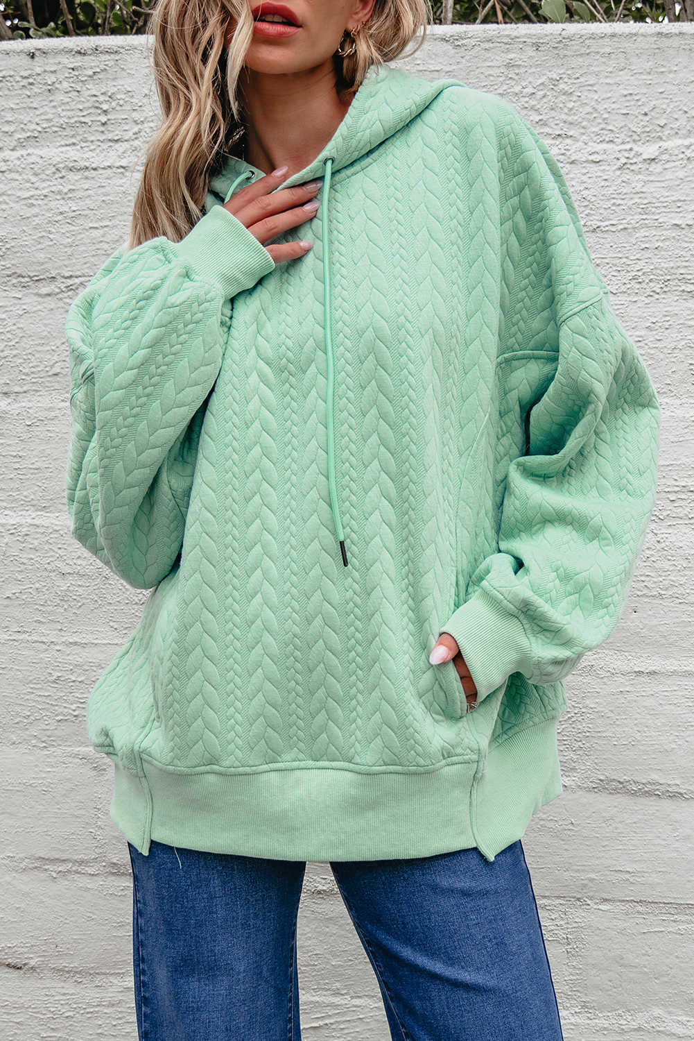 Moonlight Jade Cable Textured Baggy Solid Hoodie