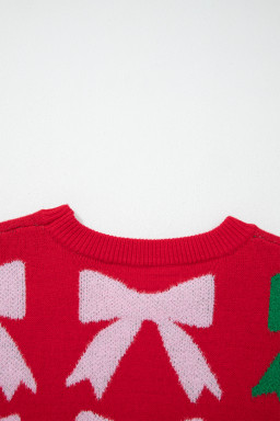 Fiery Red Bow Pearl Embellished Christmas Holiday Sweater