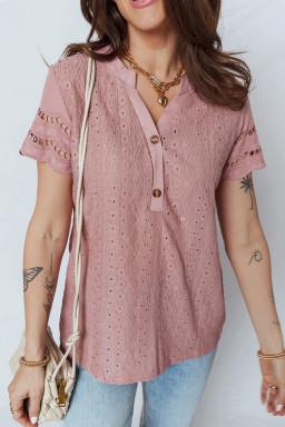 Fushia Textured Embroidered Half Buttons Short Sleeve Blouse