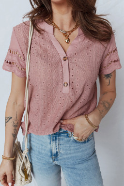 Fushia Textured Embroidered Half Buttons Short Sleeve Blouse