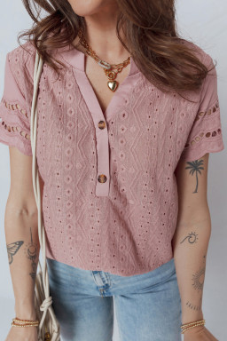 Fushia Textured Embroidered Half Buttons Short Sleeve Blouse