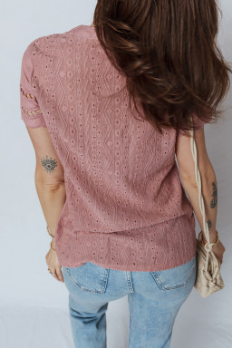 Fushia Textured Embroidered Half Buttons Short Sleeve Blouse