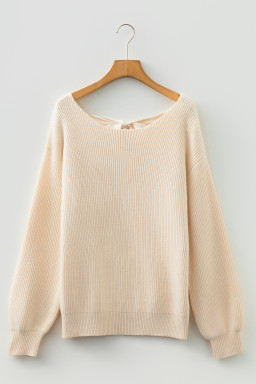 Jet Stream Ribbed Knit Ribbon Knot Backless Drop Shoulder Sweater