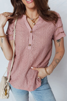 Fushia Textured Embroidered Half Buttons Short Sleeve Blouse
