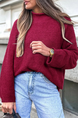 Burgundy Popcorn Mock Neck Solid Sweater
