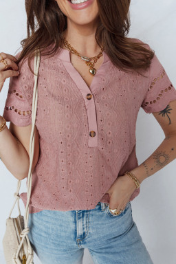 Fushia Textured Embroidered Half Buttons Short Sleeve Blouse
