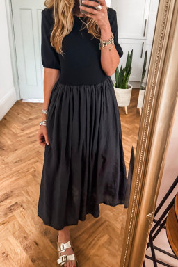 Black Short Sleeve Knit Top Patchwork Pleated Long Dress