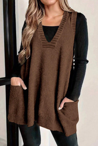 Dark Brown Ribbed Deep V Neckline Front Pocketed Loose Tunic Sweater Vest