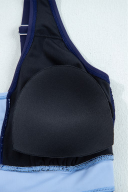 Navy Blue Color Block Patchwork Bow Knot Detail Sleeveless Swim Dress