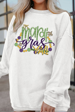 White TIS mardi gras YALL Corded Ribbed Pullover Sweatshirt