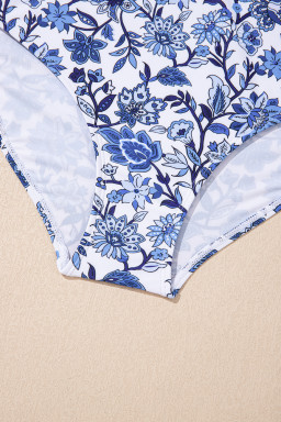 Sky Blue Crossed Back Floral Print Asymmetric Knot Side One Piece Swimsuit