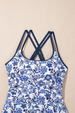 Sky Blue Crossed Back Floral Print Asymmetric Knot Side One Piece Swimsuit