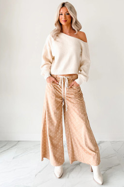 Khaki Polka Dot Print Drawstring Wide Leg Pants