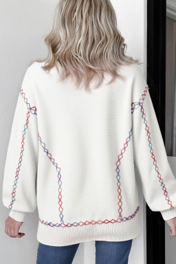 White Rainbow Stitching Balloon Sleeve Relaxed Sweater