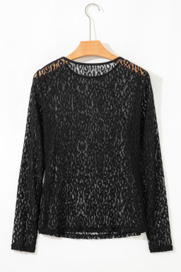 Black Leopard Pattern Sheer Mesh Long Sleeve Top