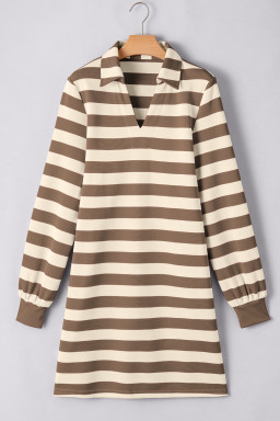 Khaki Stripe Collared V Neck Long Sleeve Loose Casual Dress