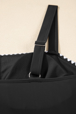 Black Spaghetti Straps Contrasted Ricrac Trim Flared Tankini 2pcs Swimsuit