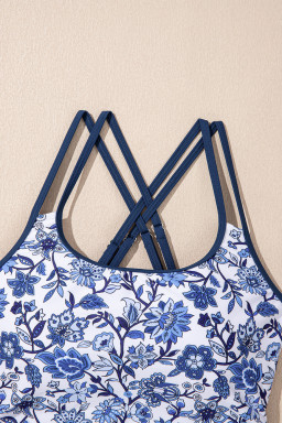 Sky Blue Crossed Back Floral Print Asymmetric Knot Side One Piece Swimsuit