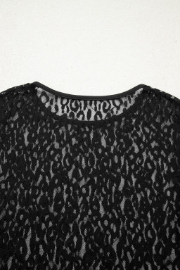 Black Leopard Pattern Sheer Mesh Long Sleeve Top