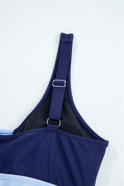 Navy Blue Color Block Patchwork Bow Knot Detail Sleeveless Swim Dress