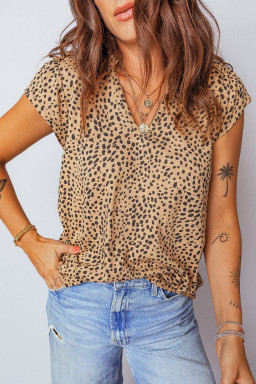 Apricot Cheeath Print Frilled V Neck Shirred Detail Short Sleeve Blouse