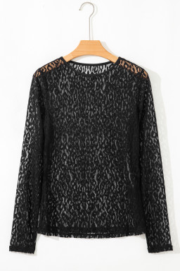 Black Leopard Pattern Sheer Mesh Long Sleeve Top