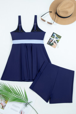 Navy Blue Color Block Patchwork Bow Knot Detail Sleeveless Swim Dress