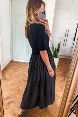 Black Short Sleeve Knit Top Patchwork Pleated Long Dress